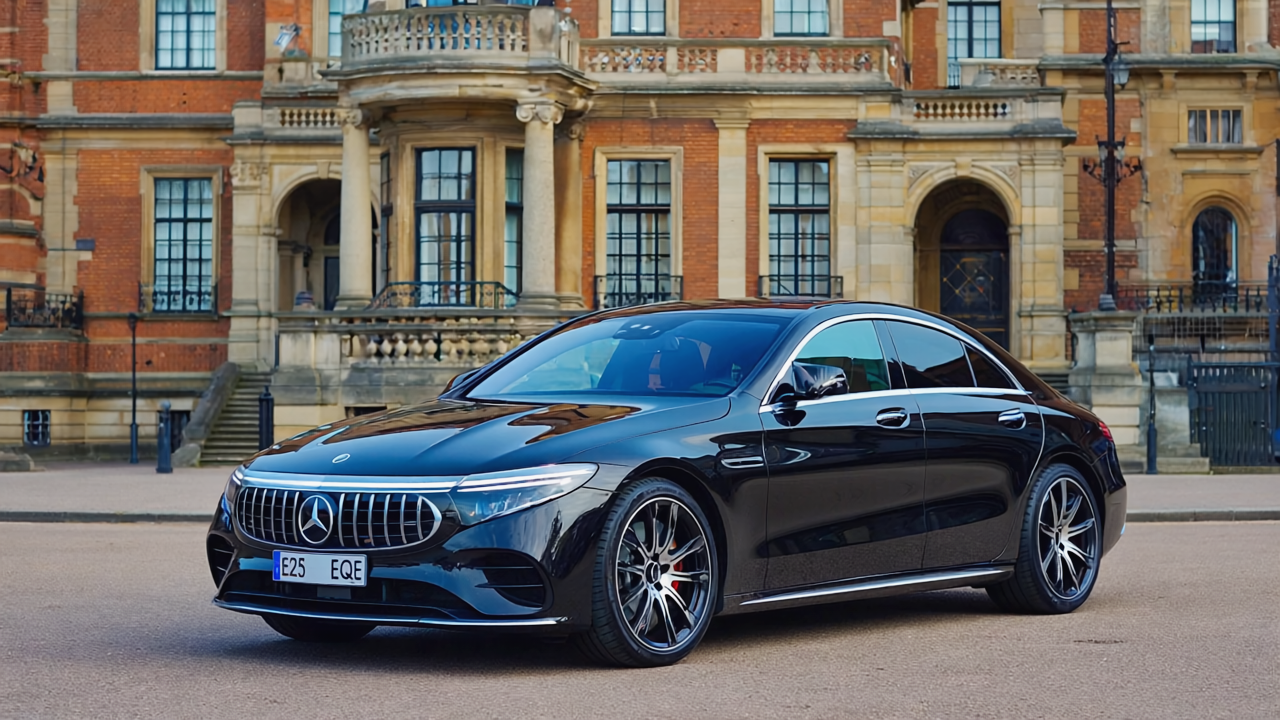Luxury Mercedes EQS in front of elegant historic building